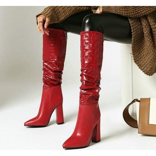 2021 New Women Knee High Boots Brand Design Faux Suede Ladies Pointed Toe Boots Square High Heel Pleated Women Boots Big Size 43