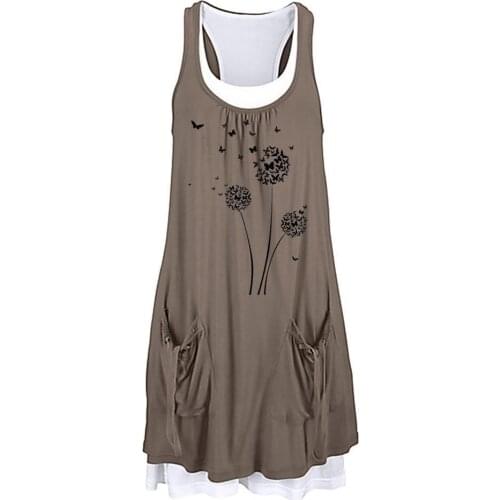 Women Summer Casual Denim Printing Sleeveless Dress 2021 Ladies Elegant O Neck Loose Mini Dress Streetwear Plus Size Retro Dress