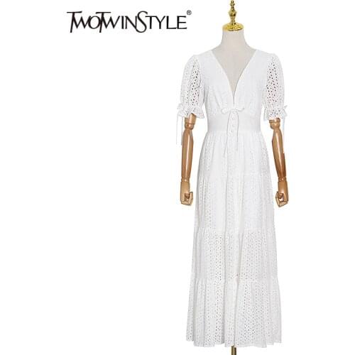 TWOTWINSTYLE Lace Up Bowknot Dress For Women V Neck Short Puff Sleeve High Waist Elegant Dresses Female 2020 Fashion New Style