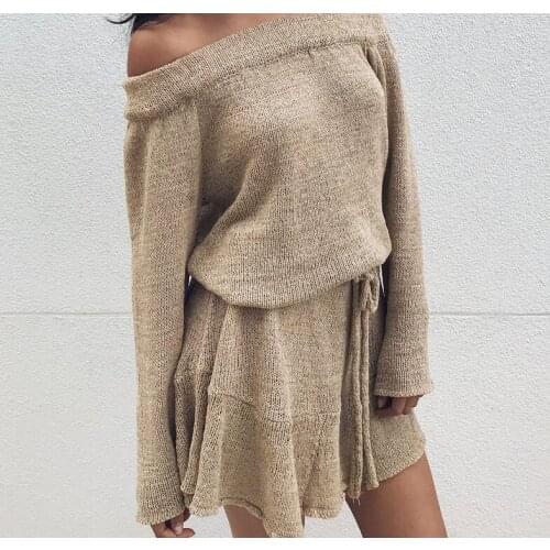 New Autumn winter dress Sexy off shoulder knitting sweater dress women Elegant Casual Loose long sleeve Slash neck short dress