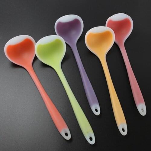 1pc Food Grade Silicone Spoon Nonstick Anti Hot Translucent Long-handled Soup Spoon Kitchen Spoon Kitchen Cooking Tools 5 Color