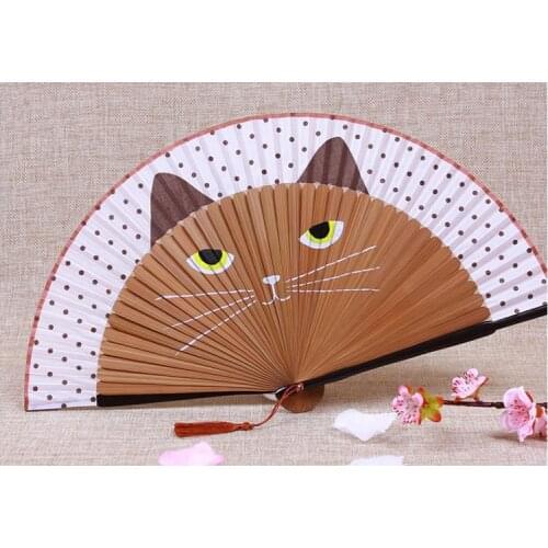 100pcs 21x38cm Vintage Japanese Bamboo Totoro Silk Hand Fan Cartoon Cat Painted Folding Fan Xmas Christmas Gift lin3783