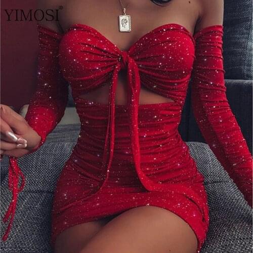 2020 Spring Women Shiny Pleated Dress Sexy Hollow Out Strapless Tie-up Dress Female Bodycon Mini Club Dresses