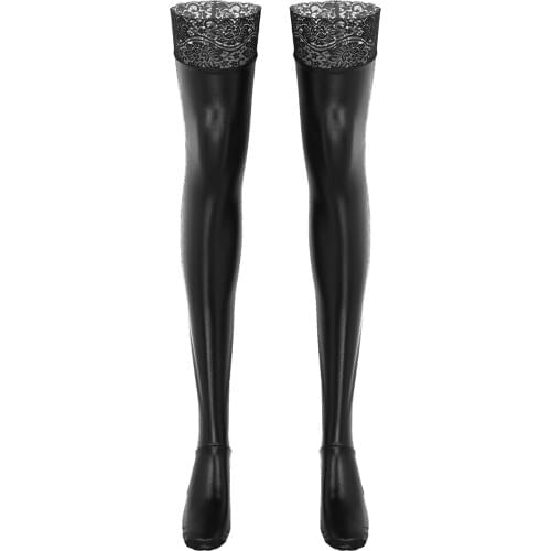 Alvivi Women Sexy Anti-skid Stockings Soft Elasticity Wetlook Patent Leather Thigh High Footed Socks Club Car Model Lace Up Sock