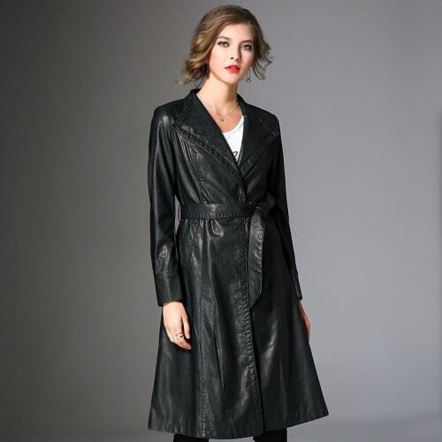 European Plus Size 3XL 2020 Autumn Winter Soft Washed Pu Leather Jacket Women Long Windbreaker With Belt Outwear LX2005
