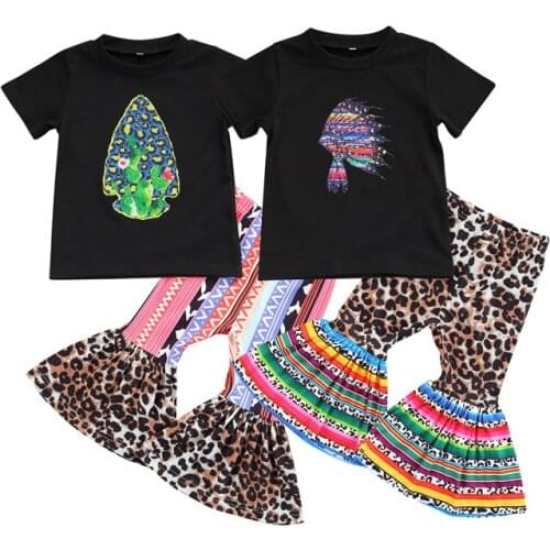 FOCUSNORM Summer 2pcs Infant Kids Girls Clothes Sets Pattern Printed Short Sleeve T Shirts Leopard Striped Flare Pants 1-6Y