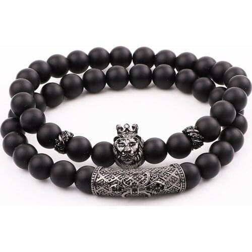 JARAVVI Simple Design CZ Lion Charm Natural Stone Matte Onyx Elastic Bacelet Set Men Jewelry Gift