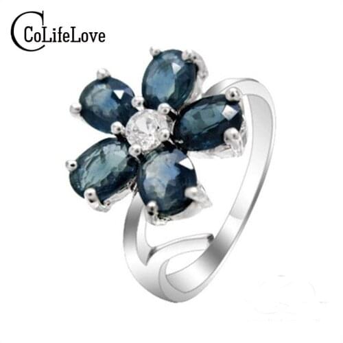 September Birthstone Ring 925 Pure Silver Rings Woman Sapphire Stone Ring Flower Style Ring
