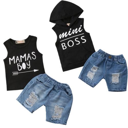 Pudcoco USPS Fast Shipping Mimi Boss/Mamas Boy Newborn Toddler Baby Boy Sleeveless Vest Tops+Denim Hole Jeans 2PCS Outfits
