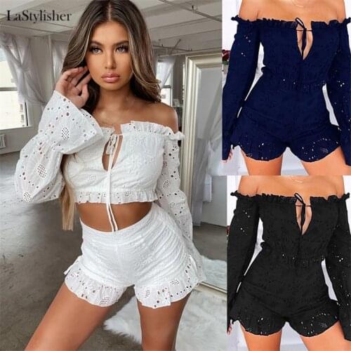 LaStylisher Plus Size Sexy Lace Two Piece Set Crop Top and Shorts 2 Piece Set Women Club Outfits Matching Sets Female Summer New