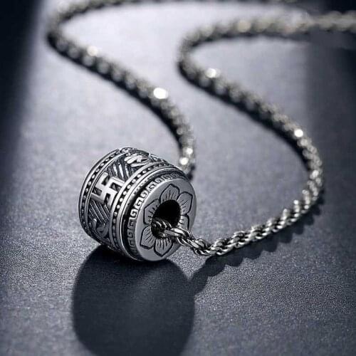 Fashion Retro Ancient Silver Necklaces Barrel-shaped Carving Swastika Pendant Charms Lucky Necklaces for Women Jewelry Wholesale
