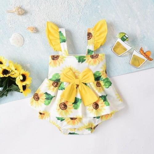 Fashion Baby Girls Romper Toddlers Summer Creative Floral/Fruit Printing Bow Decoration Fly Sleeve Suspender Jumpsuit