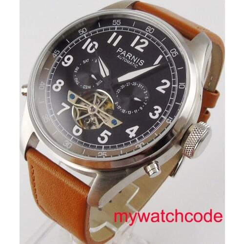 48mm Parnis black dial date display black leather strap seagull 2502 automatic movement mens watch Relogio Masculino