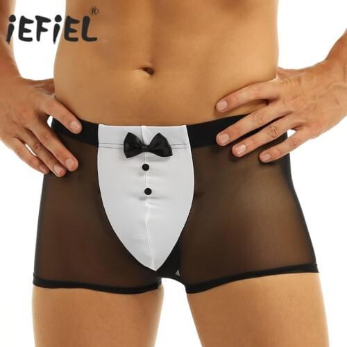 IEFiEL Men Waiter Lingerie Nightwear Panties See Through Mesh Jockstraps Boxer Shorts Underwear Underpants with Back Rabbit Ears