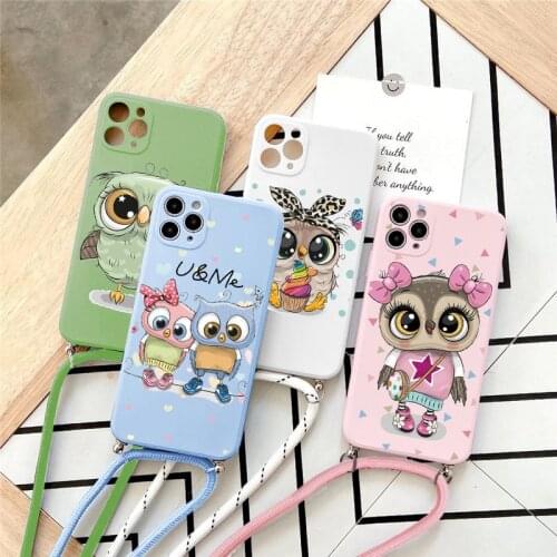 Cartoon TPU For iPhone 11 12 Pro XS MAX Mini X XR SE 2020 For iPhone 7 8 6 6S 5 5S SE Plus Chain Owl Strap Necklace Lanyard Case