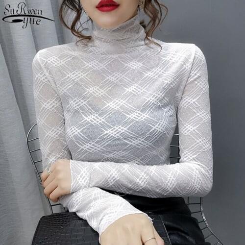 2021 Autumn Womens Blouse Long Sleeve Sexy Lace Shirts Turtleneck Womans Shirts Office Lady Style Vintage Blusas Mujer 10811