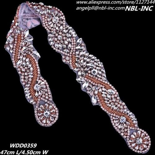 Rose gold crystal bridal beaded rhinestone applique for wedding dress sash iron on WDD0359