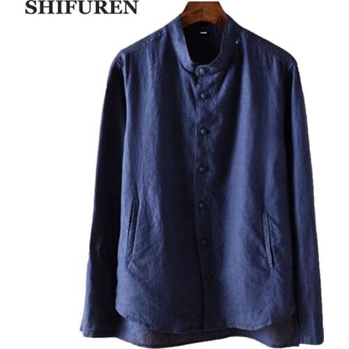 SHIFUREN New Spring Linen Shirts Men Long Sleeve Mandarin Collar Vintage Retro Male Social Shirts Soft Breathable Tops Clothing