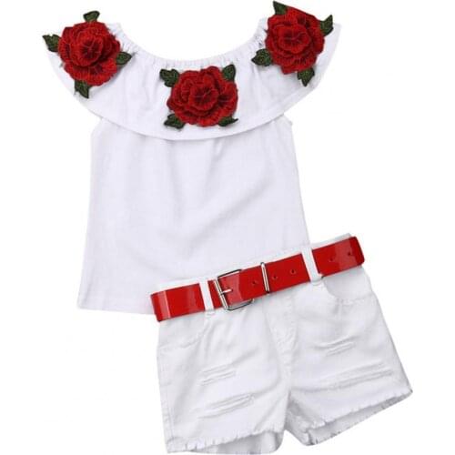 Children Shorts Horizontal Collar Skin-friendly Slim Kids Girls Flower Embroidery Tops Tattered Shorts Set for Vacation