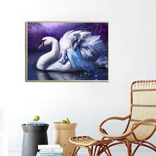 Modern Posters and Prints Angel Women and White Swan Print Oil Painting Canvas Painting Wall Art Pictures for Living Room Decor
