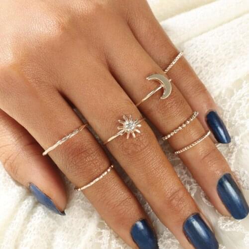 TianBo 7pcs/Set Bohemian Sun Moon Midi Finger Rings Set for Women Punk Knuckle Gold Alloy Crystal Rings Party Jewelry