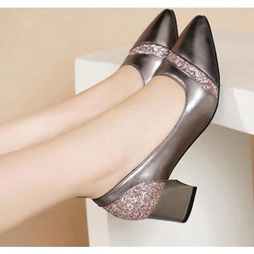 6cm High Heels Dress Shoes Woman Bling Pumps Ol Office Lady Shoes Square Heeled Boat Shoes Spring Autumn zapatos mujer 8782L