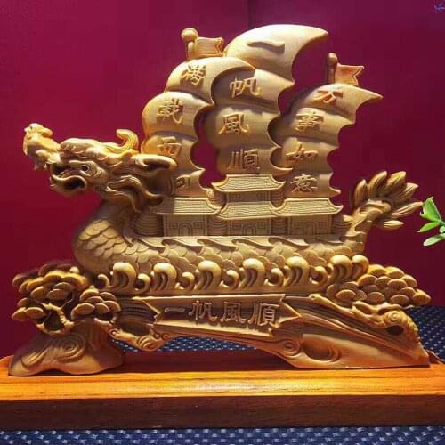 Boxwood Cliff Cypress double-sided carving plain sailing solid Wood Carving Dragon Boat Home Business Decoration Chinese style