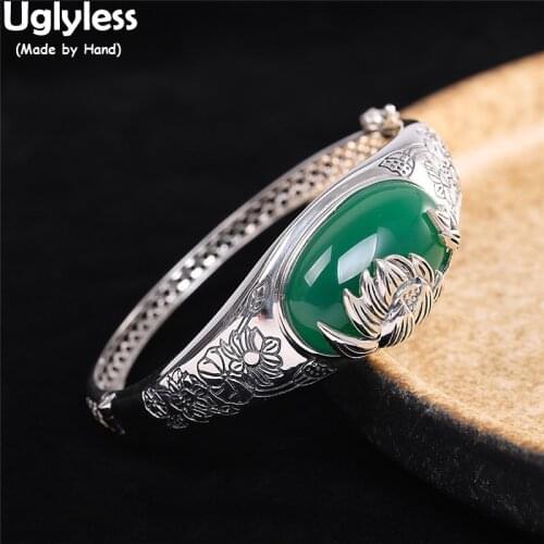 Uglyless Vintage Thai Silver Lotus Bangles for Women Ethnic Chalcedony Bangle Glossy 925 Silver Ethnic Jewelry Retro Gems Bijoux