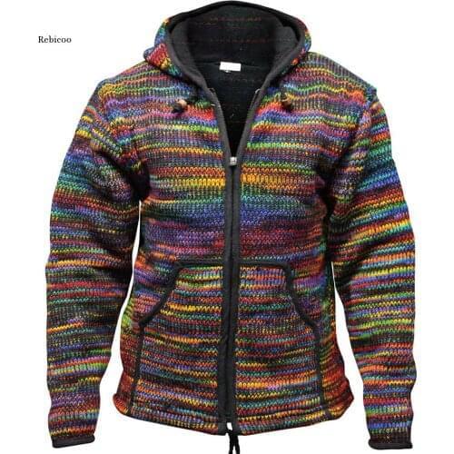 Unique Retro Men Camouflage Cardigan Sweater Color Mixing Fashion Autumn Winter Casual Loose Hooded Knit Sweater Plus Size