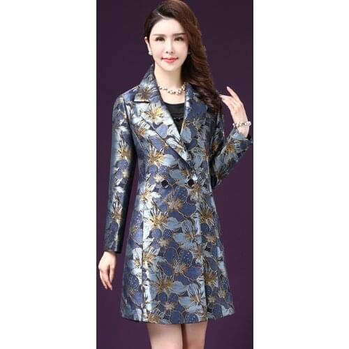 Spring Fall Vintage Women Double Breasted Floral Pattern Slim 4xl 5xl Elegant Trench Coat , Womens Dobby Flower Coats Overcoat