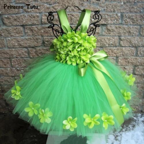 Green Girls Flower Tutu Dress Tulle Garden Fairy Princess Dress Kids Wedding Birthday Party Dresses For Girls Fairy Costume 1-14