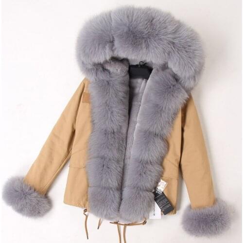 Womens Fur Parkas Winter 2020 Natural Fox Fur Hooded Collar Short Jacket Thick Warm Real Rabbit Fur Lined Lady Coat