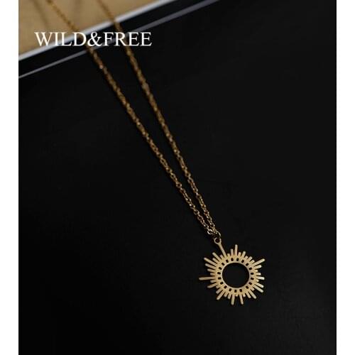 Wild&Free Gold Circle Irregular Sun Necklace For Women Stainless Steel Hollow Out Round Sweater Pendant Necklaces Jewelry Gift
