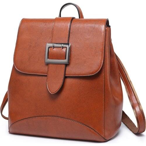 Women Oil Wax Cowhide Backpack School Daypack High Quality Genuine Leather Cross Body Shoulder Bags Rucksack Travel Knapsack