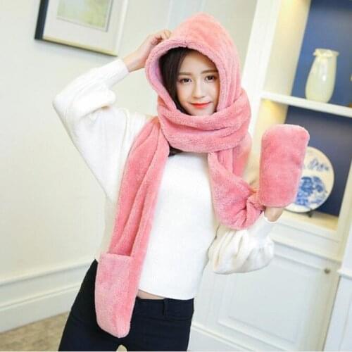 Women Scarf Hat Glove 3 Piece Set Winter Warm Soft Hood Scarf Snood Pocket Hats Gloves Fashion Hooded Srarves