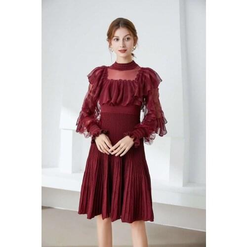 Princess Womens Dress 2021 Spring Autumn Casual Vestidos Women Cascading Ruffle Mesh Knit Patchwork Long Sleeve Sweater Dress