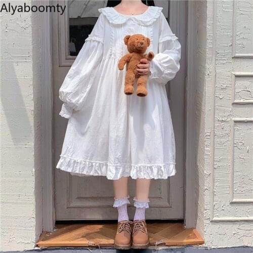 Japanese Lolita Spring Autumn Women White Dress Peter Pan Collar Ruffles Oversized Sashes Dress Lantern Sleeve Embroidery Dress