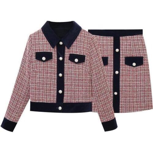 PERHAPS U Women Red Plaid Tweed Turn Down Collar Pocket Single-breasted Coat Empire Mini Skirt Elegant 2 Pieces Set T0318