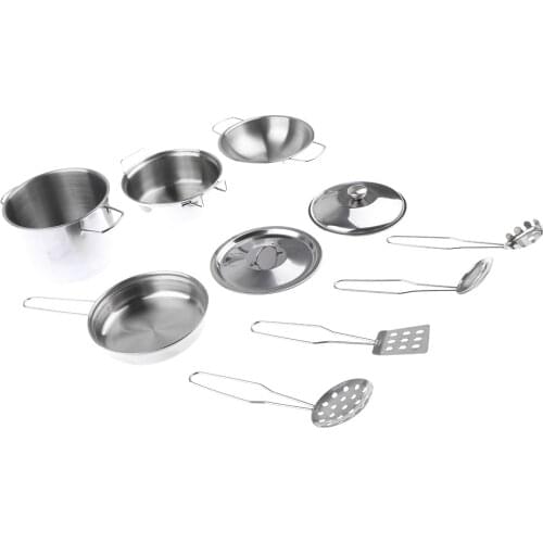 10pcs Kids Pretend Play Kitchen Cooking Toys, Stainless Steel Cookware Set D - Pans, Pots & Assorted Cooking Utensils
