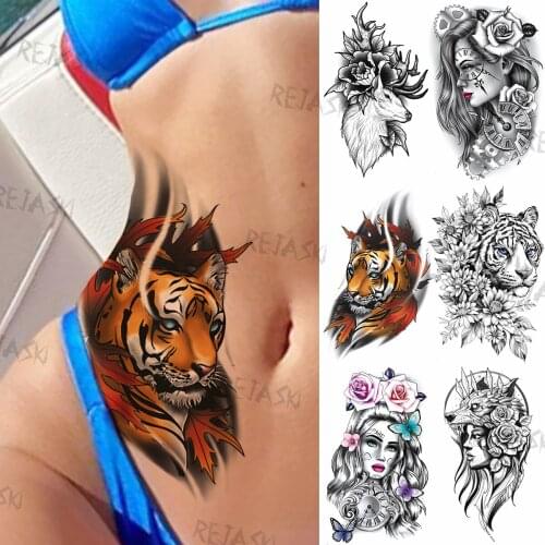 Watercolor Tiger Maple Leaf Temporary Tattoos For Women Men Fake Deer Gangster Wolf Tattoo Sticker Compass Waterproof Tatoos DIY