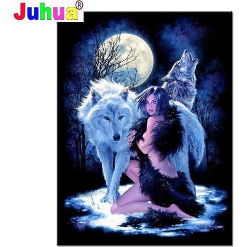Indian Men Wolf Moon 5D DIY Full Square Round Diamond Painting Cross Stitch Diamond Embroidery gift Animal And mosaic Home Decor