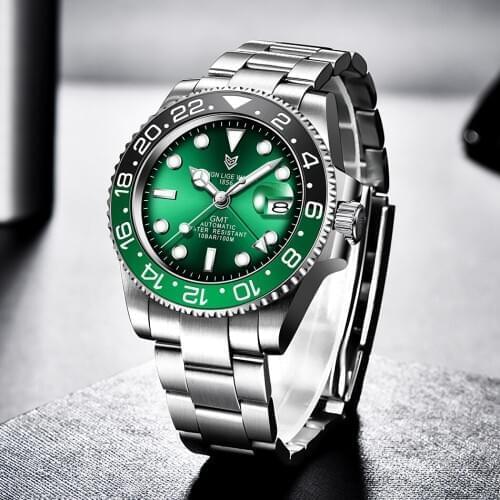 LIGE NEW Sports Men Mechanical Wristwatch Stainless Steel 100ATM Waterproof GMT Watch Top Luxury Brand Men Watches Reloj Hombre