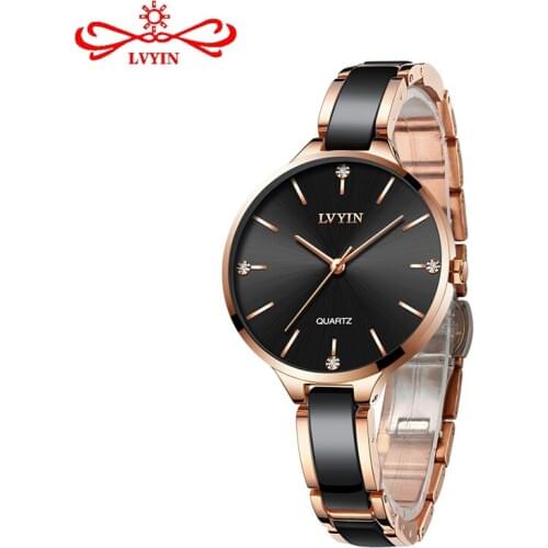LVYIN Women Quartz Ceramic Watches Elegant Lady Luxury Rose Gold Bracelet Watch Crystals Dress Wrist watch Waterproof Relogios