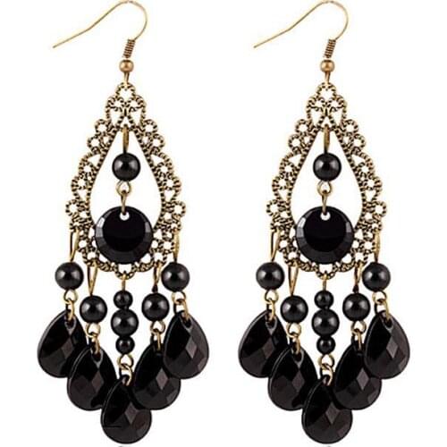 European and American Bohemian Black Retro Ethnic Style Carved Beads Hollow Long Fringe Drop Earrings for Women Wedding Jewelry