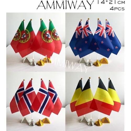 AMMIWAY 14x21cm 4pcs Portugal New Zealand Country Table Flags Norway Belgium Belgian Country Desk Flag with Plastic Base Stand