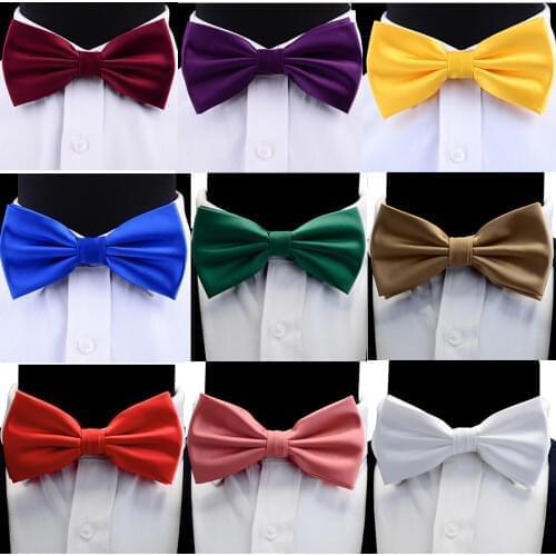 GUSLESON Silk Solid Pre-tied Bow Tie for Men Purple Black Yellow Double Fold Bow ties Waterproof Wedding Business Bowtie