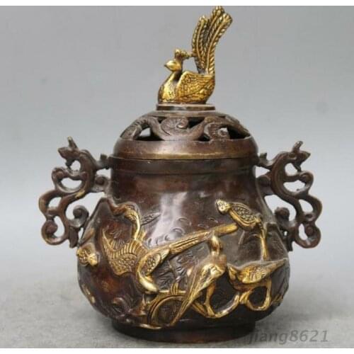 China Old Copper Gilt Peacock Bird Incense Burner ww93