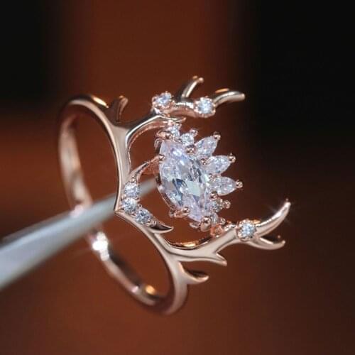 Rings For Woman Fashion Glittering And Translucent Zircon Embellished Lovely Rose Gold Elk Antlers Zircon Wedding Ring