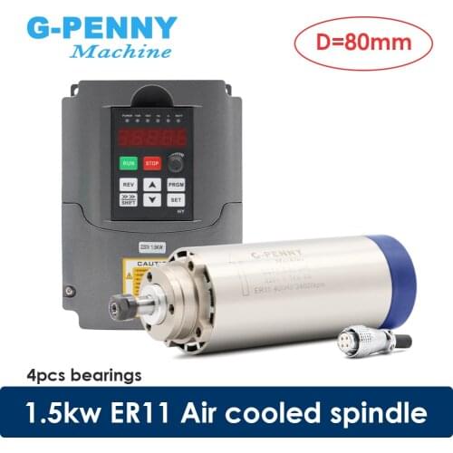CNC milling spindle kit 1.5kw ER11 air cooled spindle 80mm diameter 4 pcs bearings air cooling accuracy 0.01mm & 220v 2.2kw VFD