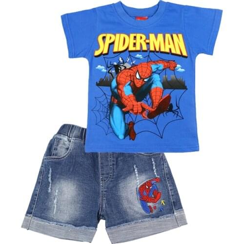 Disney Boys Outfits Avengers Spiderman Cartoon Summer Cotton Kids T-shirt&Denim Shorts Clothing Set Children Suit Clothes 3 8 Y